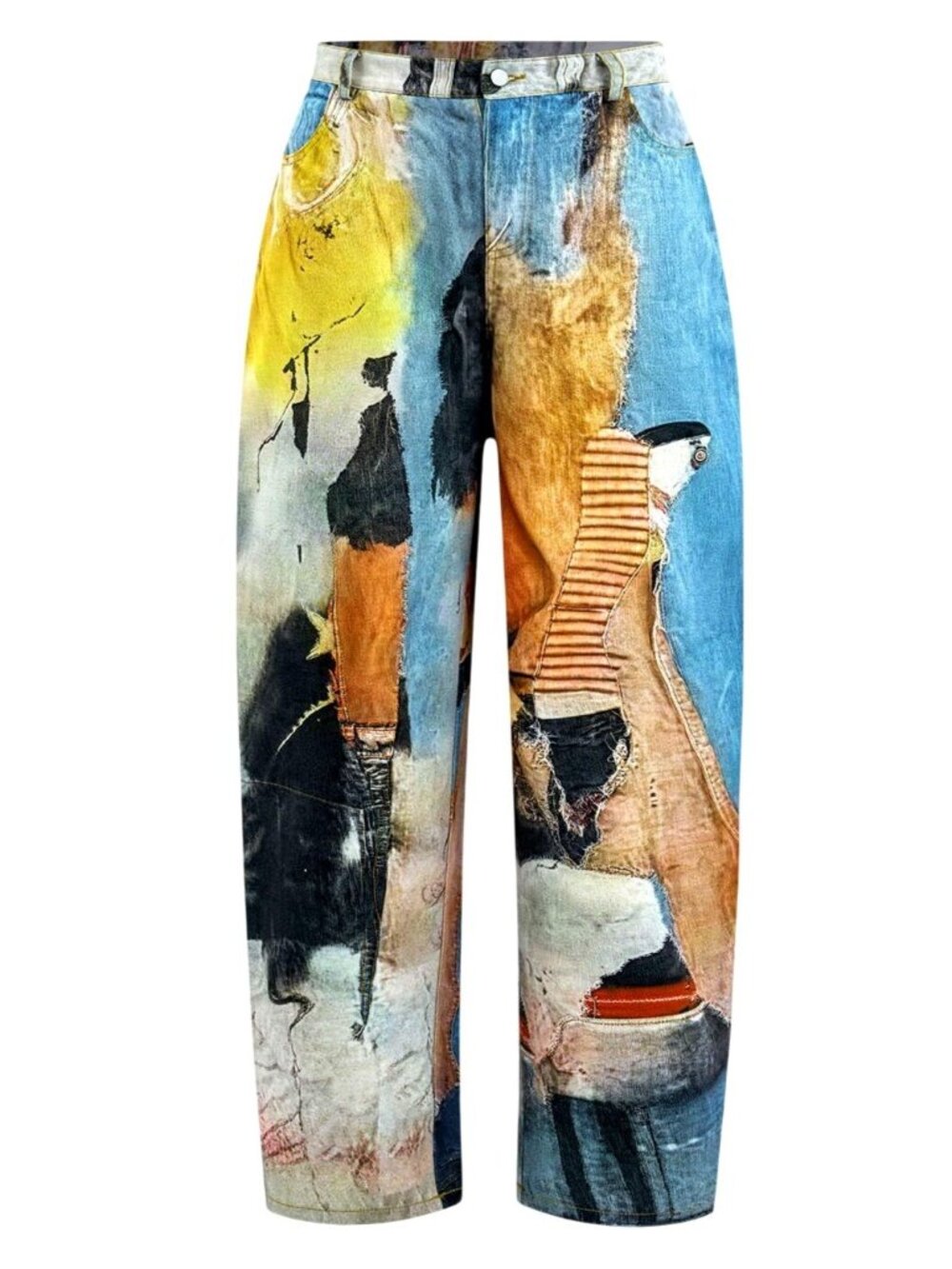 Micas Art to Wear Print Denim Jeans Multicolor Barrel Wide Leg Pant Pockets M